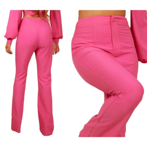 NWT Pretty Little Thing Bright Pink Textured High Waist Skinny Flare Pants sz 6